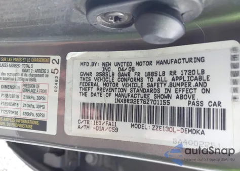 2006 Toyota Corolla Ce from USA, damaged, VIN 1NXBR32E76Z701155